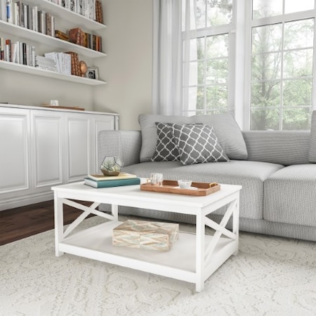 Hastings Home 2-tier Coffee Table with White Wood, Low Profile and X-Leg Design Room Furniture, Storage, Display 492379YWS